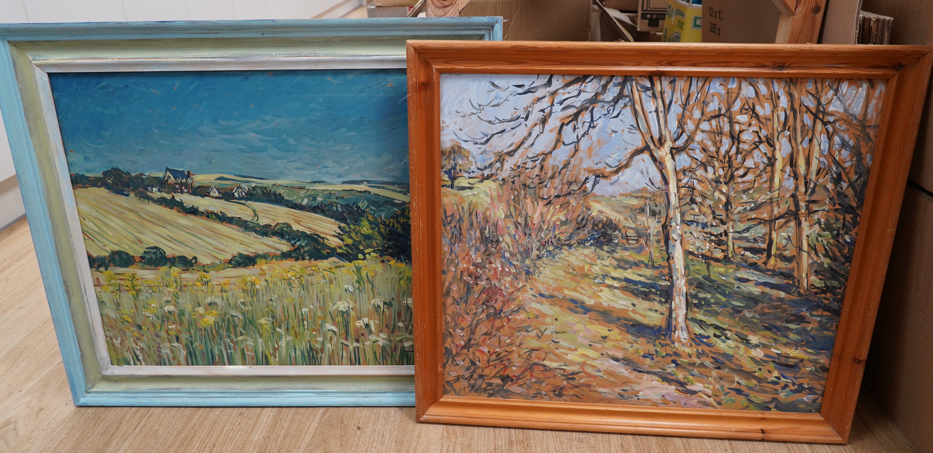 Michael John Blaker (1928-2018), two oils on board, 'A March Day' and ‘Country Landscape, possibly France’, each signed, largest 49 x 59cm. Condition - good